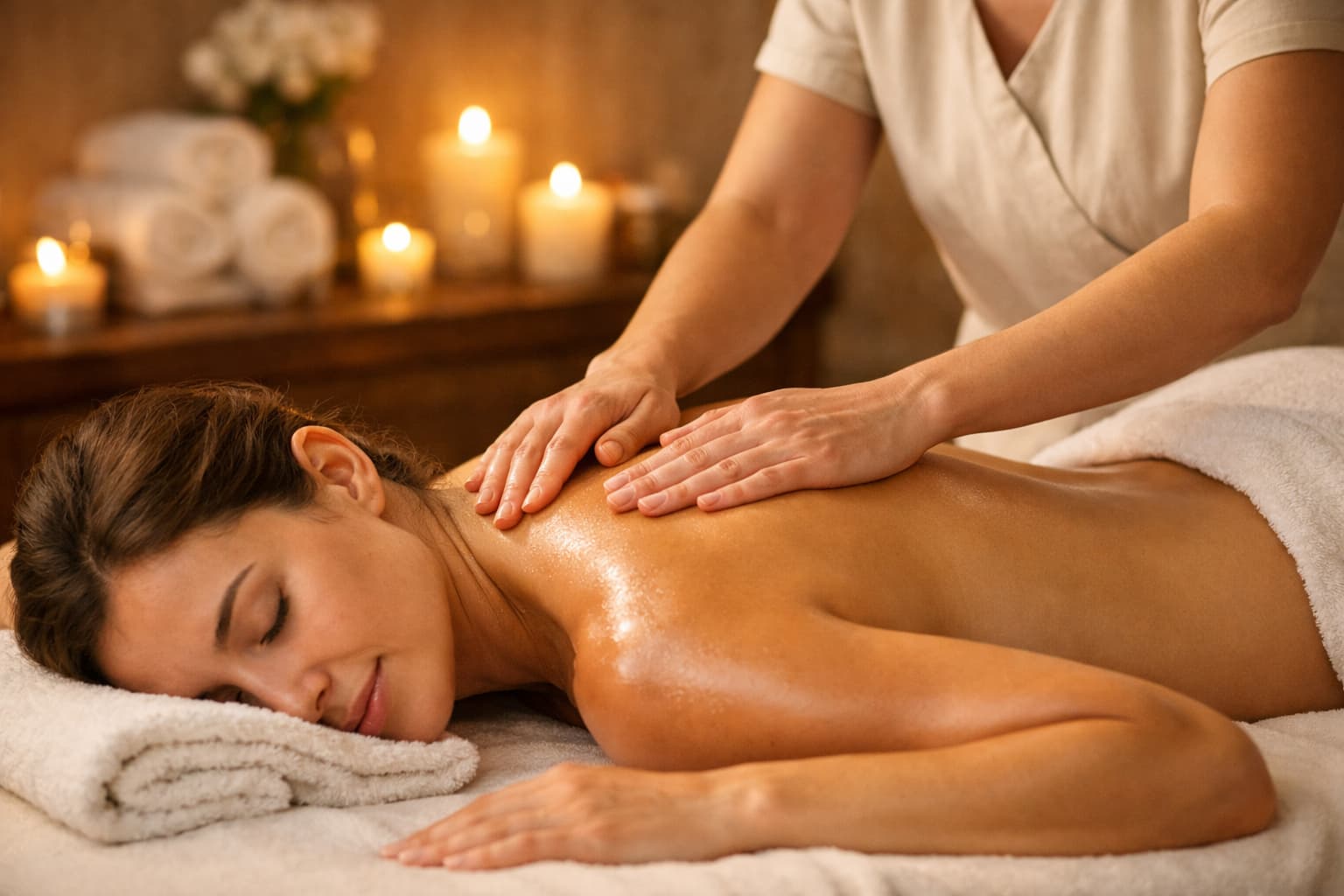 A female receives a shoulder massage at a day spa.